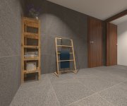 Vizualizace šedočerného domácího wellness s dlažbou a obkladem jako beton Flaviker River Lead 60x60 RT 