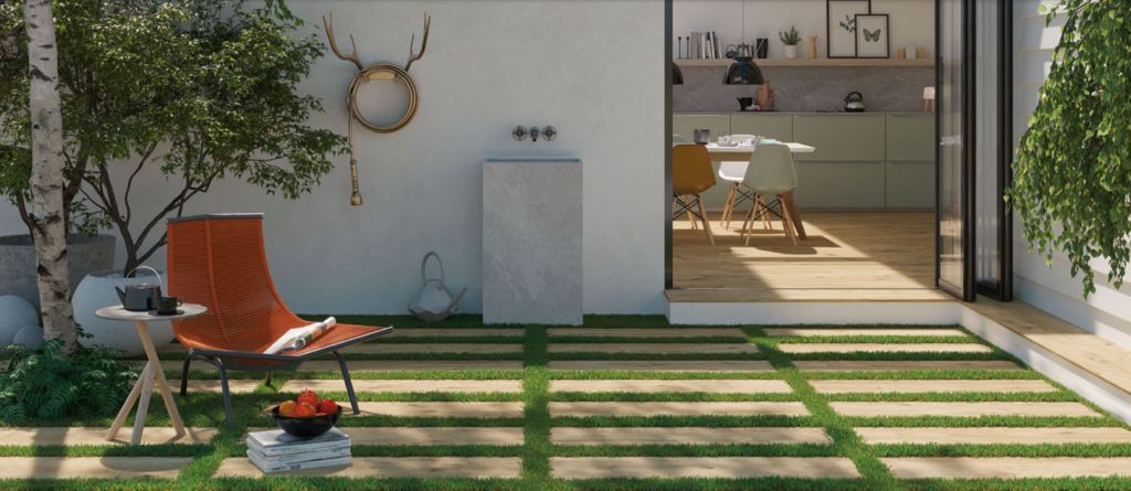 Realizace Venkovní dlažba Pastorelli AK Arkè Naturale 40x120 Nat. (tl. 20mm) - pokládka do trávníku, štěrku nebo i na terče