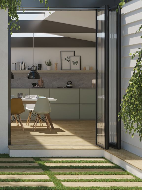 Realizace Světlá dlažba jako dřevo Pastorelli AK Arkè Naturale 20x120 Matt. Rett. 