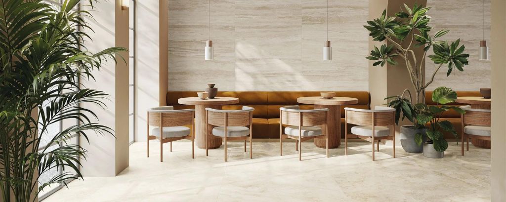 Realizace Cerdomus Tibur Beige 120x120 a Beige Vein 60x120 - komerční prostor