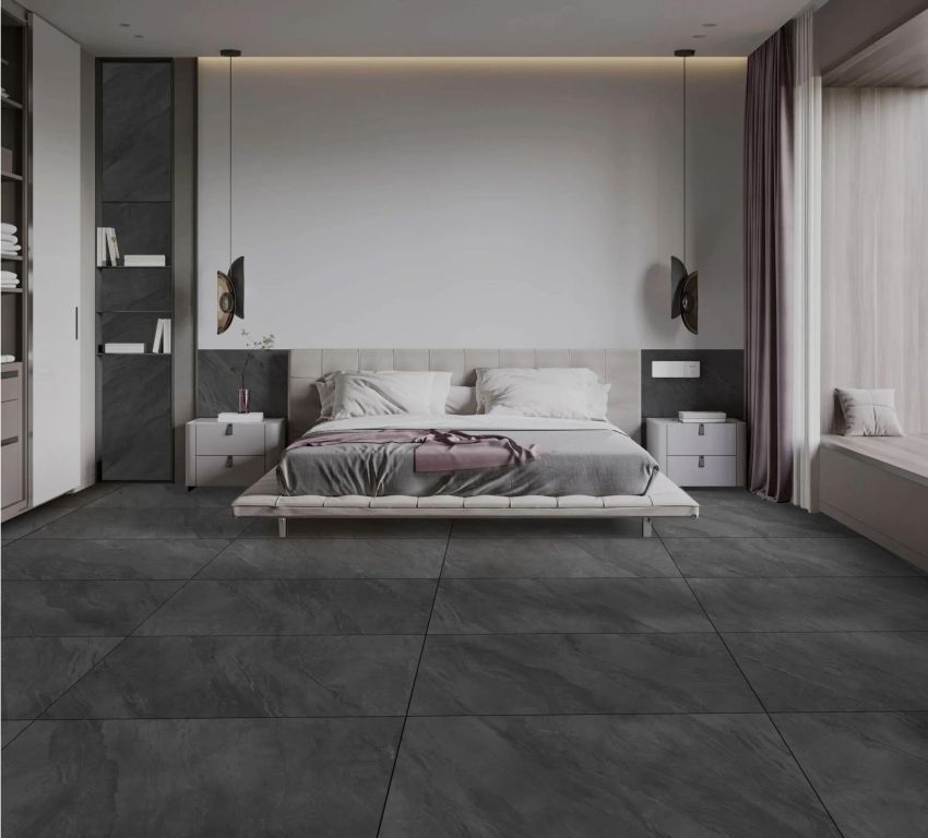 Realizace ložnice v industriálním stylu s dlažbou Gambini BET Pyrite