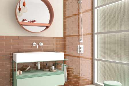 Luxusní koupelna v retro designu s cihlovým obkladem Equipe Limit Terre Cuit