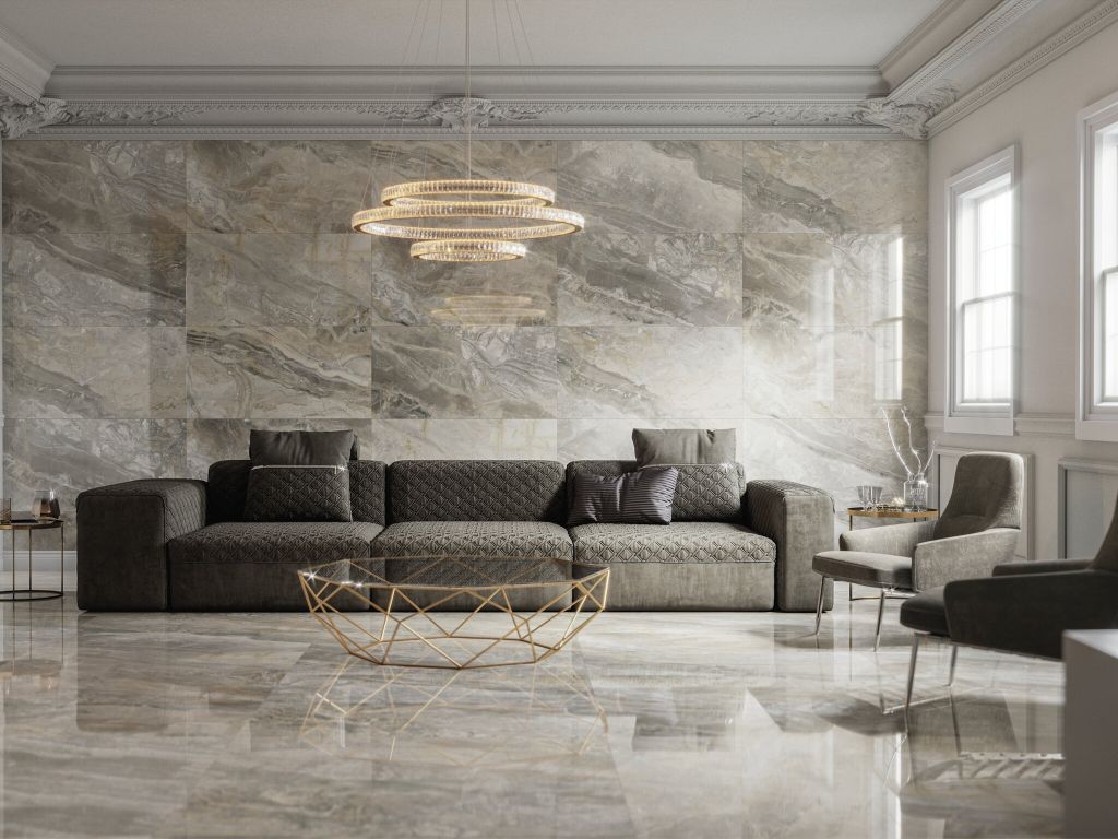Realizace Obývací pokoj s obklady a dlažbou jako mramor ze série Cifre Luxury.