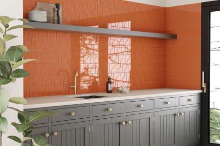 Extravagantní oranžová kuchyně s obkladem Equipe Curve Sunset 8,3x12