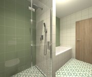 Vizualizace zelenobéžové koupelny s dlažbou Codicer Riviera Nice Green a obkladem Codicer Basic