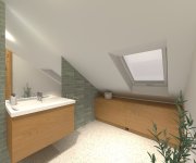 Zelenobéžová koupelna s dlažbou jako kámen Navarti Nadinne Blanc a obkladem Equipe Wadi Decor Mint