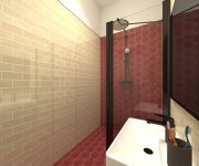 Vizualizace vínověžluté koupelny s hexagony ze série Tonalite Examatt
