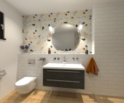 Vizualizace moderní koupelny ve stylu terrazzo v kombinaci imitace dřeva - Cerpa OBI a Sichenia Parkett