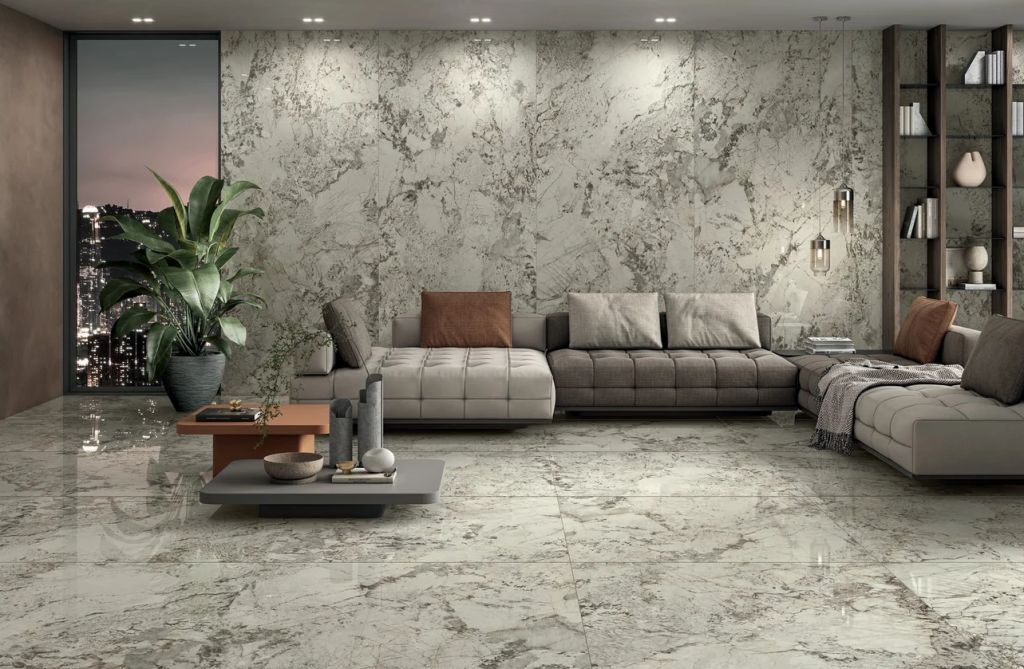 Realizace Realizace obývací místnosti s velkoformátovým obkladem Glacier ze serie Anima Wonder