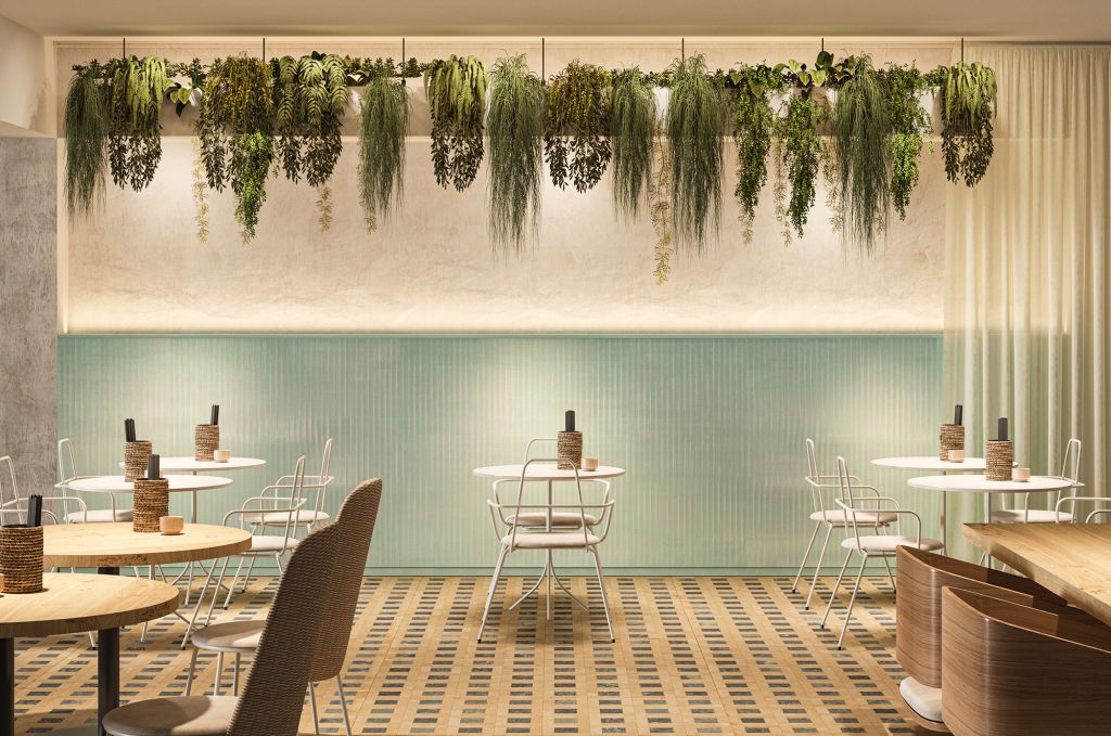 Realizace Restaurace s dlažbou s vyskládaným vzorem ze série Aparici Zest.