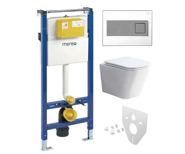 Mereo Wc Set - Rimless Wc Hranaté, Modul Pro Sádrokarton, Hranaté Tlačítko Bílá/chrom
