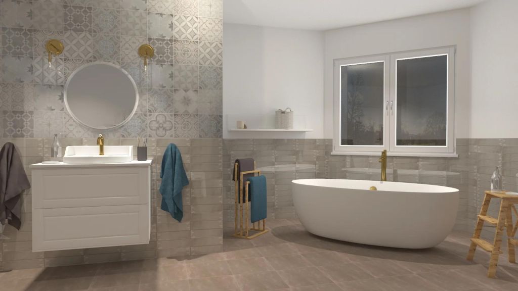 Realizace Vizualizace hnědobéžové koupelny s obkladem Bestile Pamesa Patchwork MIX