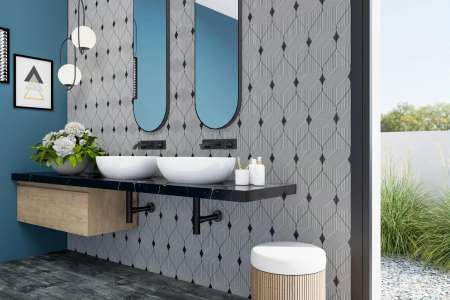 Koupelna obložená dlaždicemi Codicer Streamline Glass Black ve tvaru Kayak