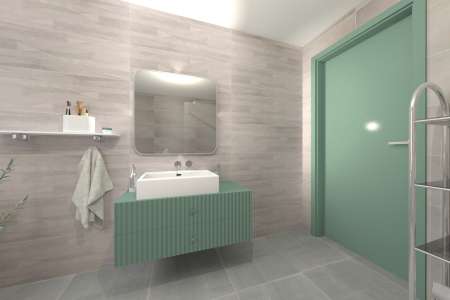 Vizualizace šedozelené koupelny s dlažbou jako beton Cerdisa Metal Design Steel