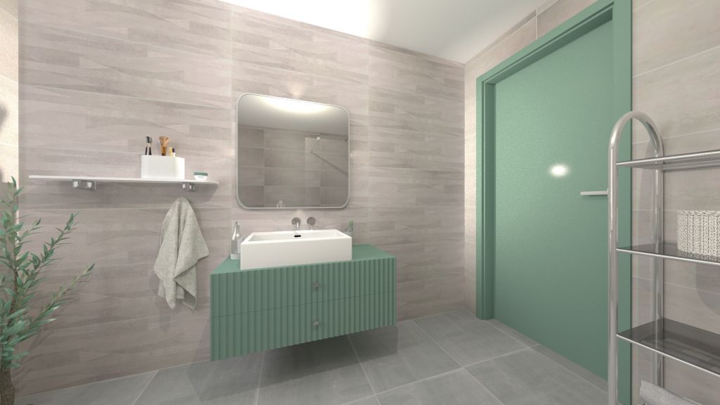 Realizace Vizualizace šedozelené koupelny s dlažbou jako beton Cerdisa Metal Design Steel