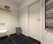 Vizualizace elegantní černobílé koupelny s plastickým obkladem Alaplana Ruano Blanco Mosaic Matt. + Rett. 33,3x90