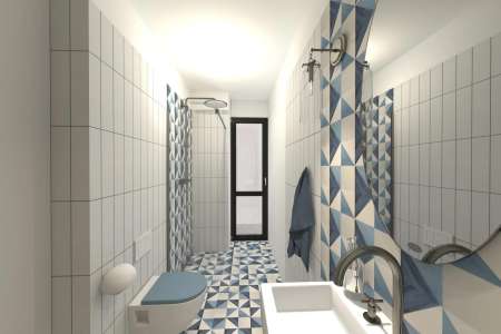 Vizualizace hravé koupelny s modrými obklady a modrou dlažbou Deceram PAM Triangle Blue 22,5x22,5