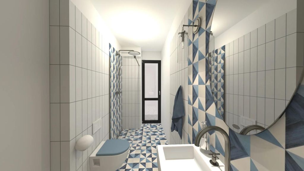 Realizace Vizualizace hravé koupelny s modrými obklady a modrou dlažbou Deceram PAM Triangle Blue 22,5x22,5