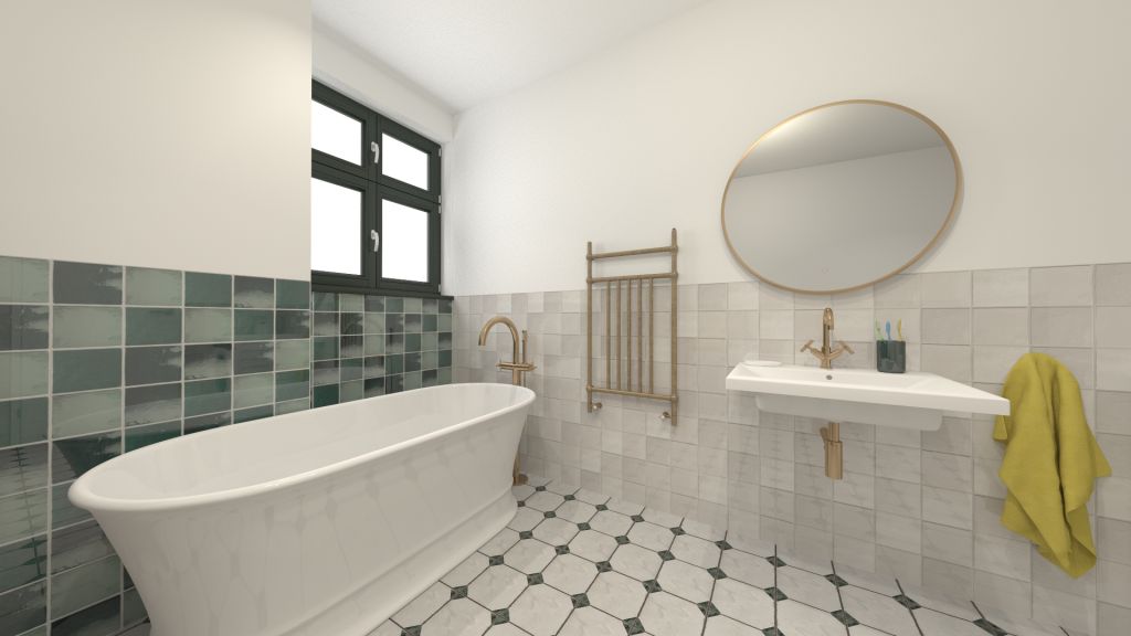 Realizace Vizualizace zelenobílé retro koupelny s dlažbou jako kámen Estudio Renaissance Corner a obkladem Equipe Artisan