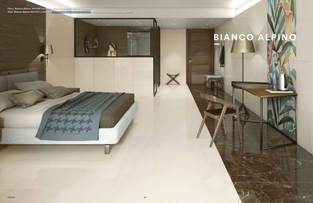 Realizace Mramorové dlažby Caesar Anima Bianco Alpino 120x120 Lucidato a Dark Emperador 60x60 Lucidato