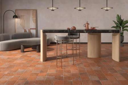 Komerční prostor s proměnlivou cihlovou dlažbou Geotiles Terracotta