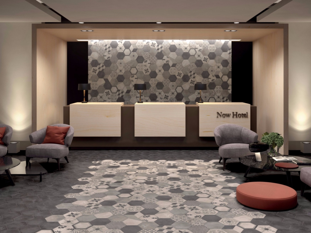 Realizace Retro šedobílá dlažba Marca Corona Terra Esagono Grigio, Antracite, Nero & Mix Decor Esagono F.