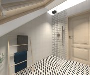 Černobílá podkrovní geometrická koupelna s dažbou a obkladem Paradyz Ceramika Modern