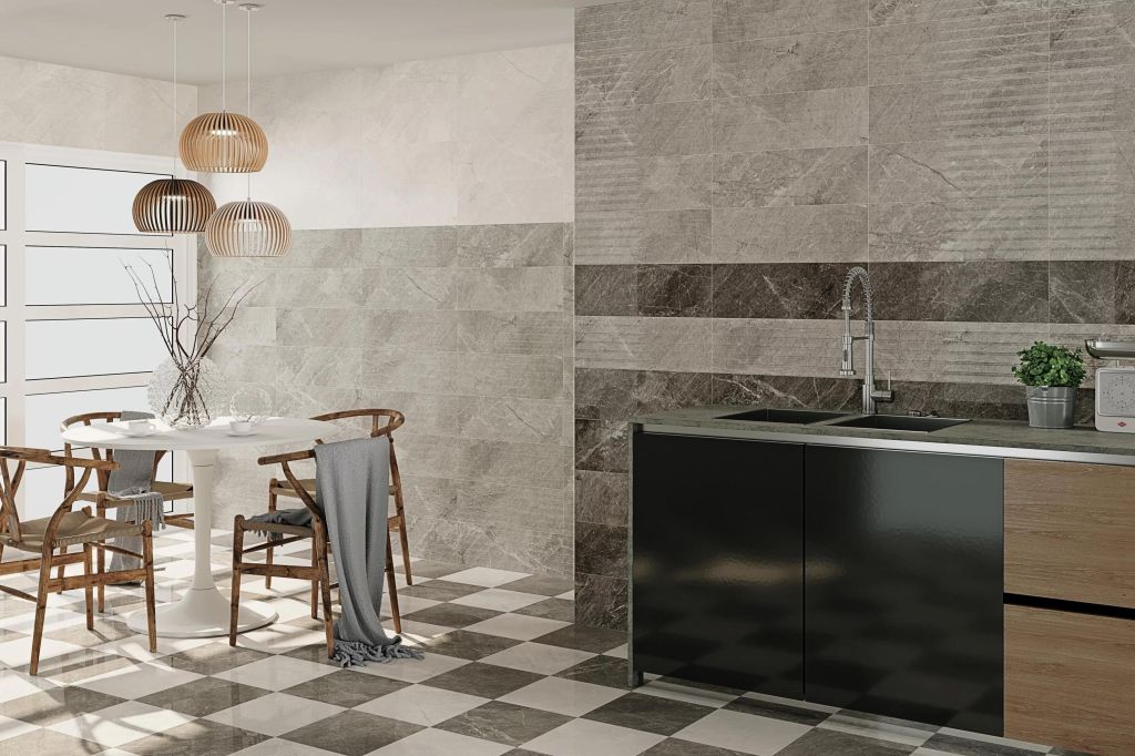 Realizace 20x60 BALKAN Cendra, Grafito, Mural Balkan Gris & 31.6x31.6 Balkan Cendra, Grafito_1