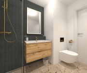 vizualizace černobílé moderní koupelny s obkladem Marca Corona Longarine Brio a dlažbou Fioranese I Cocci Siciliani