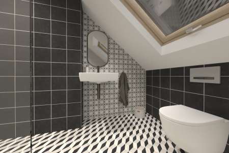 Černobílá podkrovní geometrická koupelna s dažbou a obkladem Paradyz Ceramika Modern