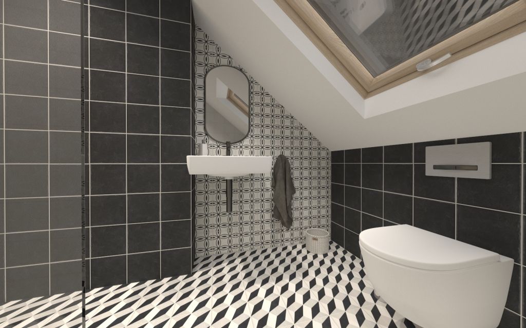 Realizace Černobílá podkrovní geometrická koupelna s dažbou a obkladem Paradyz Ceramika Modern
