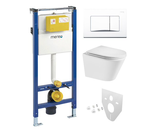Mereo Wc Set - Smart Flush Rimless Wc Oblé, Modul Pro Sádrokarton, Bílé Hranaté Tlačítko