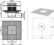 Plastová vpust s nerezovou mřížkou - Podlahová vpust SN501 10,5x10,5, plast s nerez mřížkou X01435