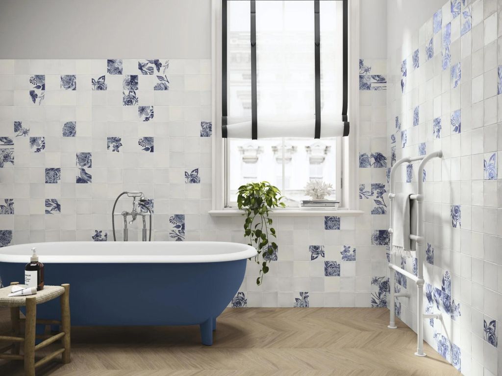 Realizace Retro koupelna z dlažby ze série Ape Sintra Floris Ice White