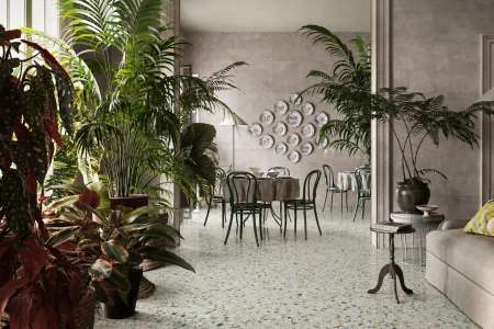 Terrazzo s barevnými akcenty v restauraci