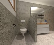 Vizualizace béžové terrazzo koupelny s obklady a dlažbou ze série Prissmacer Beko