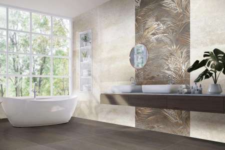Designová koupelna s použitím luxusního obkladu s bronzovým dekorem listů Brennero Mood Kenzia Bronze decoro 45x90