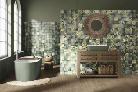 Koupelna z dekorové dlažby ze série Ape Sintra Areca Olive Green Mix