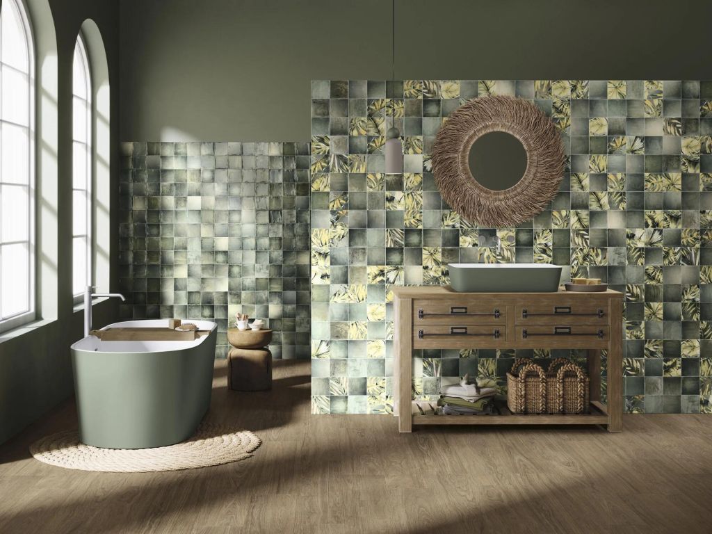 Realizace Koupelna z dekorové dlažby ze série Ape Sintra Areca Olive Green Mix