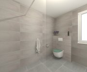 Vizualizace šedozelené koupelny s dlažbou jako beton Cerdisa Metal Design Steel
