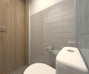 Vizualizace elegantní světlé koupelny s černobílou patchwork dlažbou Deceram PAM Memphis Deco1 22,3x22,3 MIX 