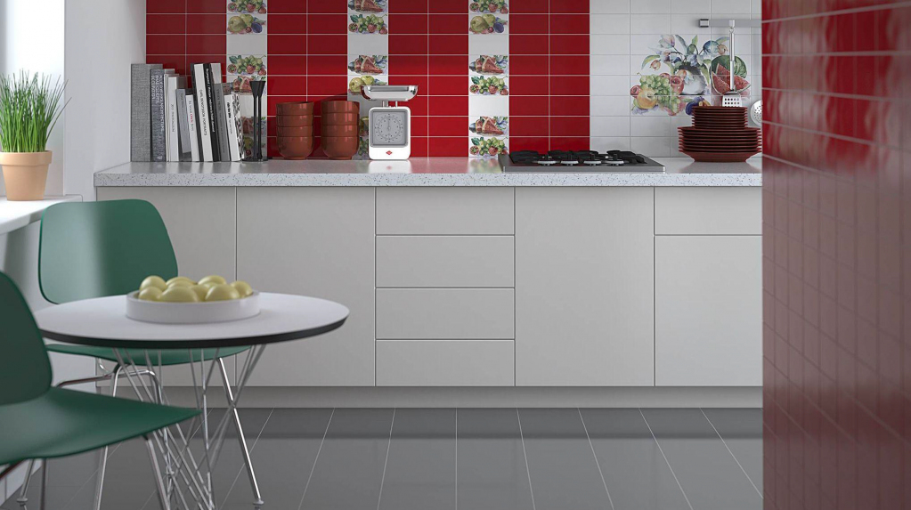 Realizace Červený obklad v kuchyni Absolut Keramika Vital Decor Vital & Fuego Milano Brillo
