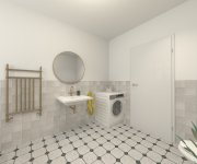 Vizualizace zelenobílé retro koupelny s dlažbou jako kámen Estudio Renaissance Corner a obkladem Equipe Artisan