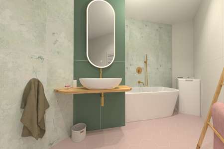 Vizualizace romantické zelenorůžové koupelny s dlažbou Codicer Basic Rose Hex a obkladem ze série Marca Corona Lilysuite