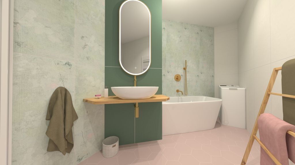 Realizace Vizualizace romantické zelenorůžové koupelny s dlažbou Codicer Basic Rose Hex a obkladem ze série Marca Corona Lilysuite