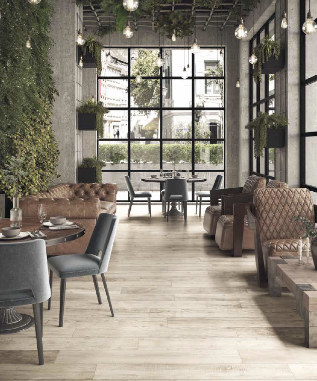 Realizace Restaurace s světlou podlahou jako dřevo ze série Sichenia Sher_wood.