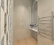 Vizualizace luxusní modrobílé mramorové koupelny s obkladem ze série Del Conca Premiere a dlažbou jako dřevo Sichenia Parkett Linz Soft GRIP