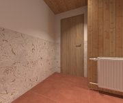 Vizualizace koupelny s cihlovou dlažbou Marca Corona Multiforme Dune a obkladem Marca Corona Mirabilia Coral Jungle