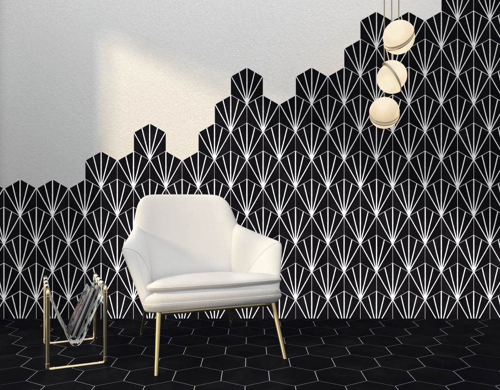 Realizace Černá dlažba a DEKOROVANÝ obklad Bestile Ceramicas Meraki