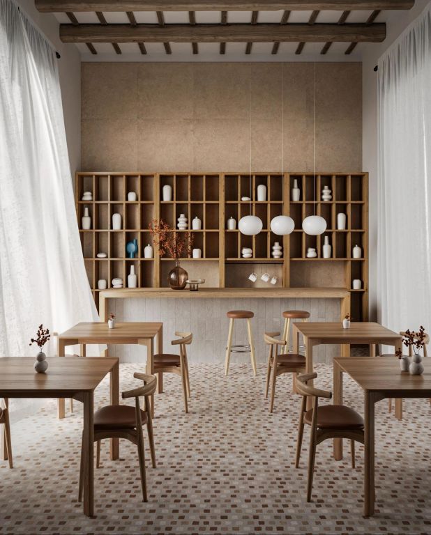 Realizace restaurace s obklady a dlažbou ze série Sant Agostino Duo.